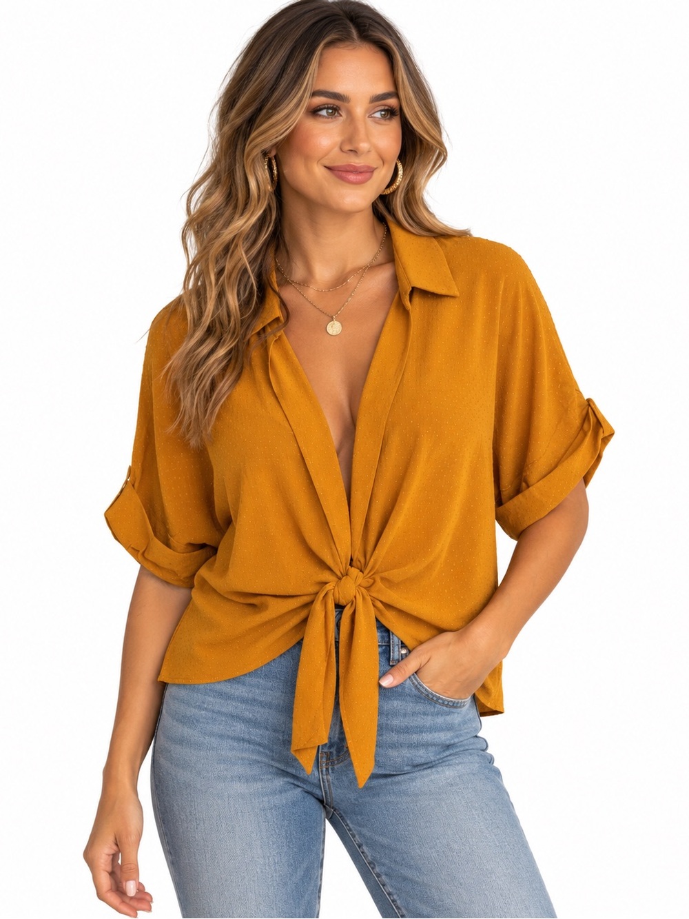Crop Tie-Front Shirt - Mustard